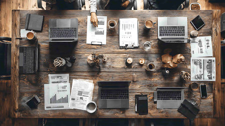 Business People Working Office Working Laptop Digital Device Concept. Top Viewの写真素材