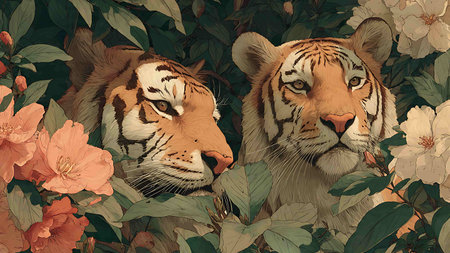 Two tigers in the garden with flowers. Seamless pattern.の写真素材
