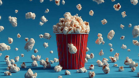 Popcorn flying out of red bucket on blue background. 3D renderingの写真素材