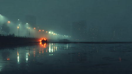 A car driving through the fog on the river in the city.の写真素材