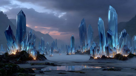 Fantasy landscape with icicles on the rocks. 3d illustrationの写真素材