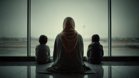 Silhouette of family sitting on the floorの写真素材