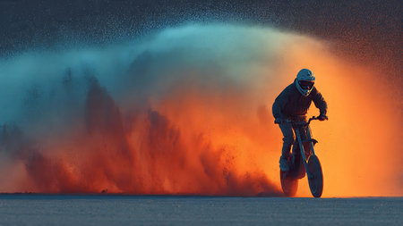 Silhouette of a motorcyclist riding on a motorcycle on the background of a huge explosion of smokeの写真素材