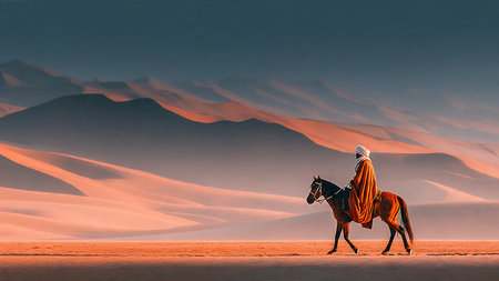 Man riding a horse in desert at sunset. 3d renderingの写真素材