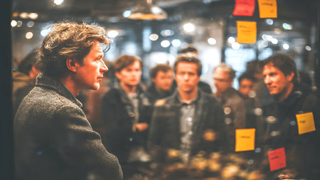 A man presents to a group of people in a modern office settingの写真素材