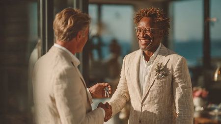 Smiling man holding keys to new houseの写真素材