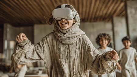 Smiling young woman in virtual reality headset playing game with her friends.の写真素材