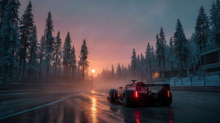 race car on the road in the winter forest at dawnの写真素材
