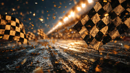 Checkered flag on the asphalt road. 3D rendering.の写真素材
