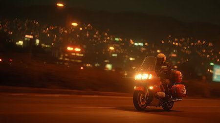 Motorcycle rider on the road at night with city lights in the backgroundの写真素材