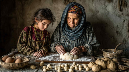 Grandmother and granddaughter kneading dough with flour on the tableの写真素材