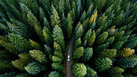 Aerial view of a car driving through the pine forest. Drone photography.の写真素材