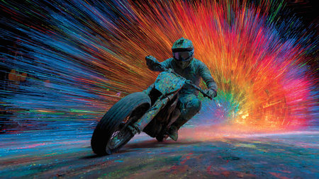 A motorcyclist rides fast on a colorful background with vibrant lightsの写真素材