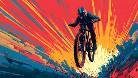 Mountain bike rider in action on abstract background. Vector illustration.の写真素材
