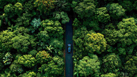 Aerial view of a car driving on a road in the rainforestの写真素材