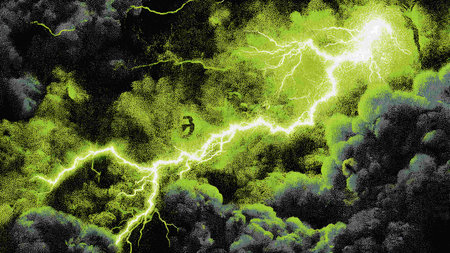 Green lightning in the dark sky. 3D rendering. Computer digital drawing.の写真素材