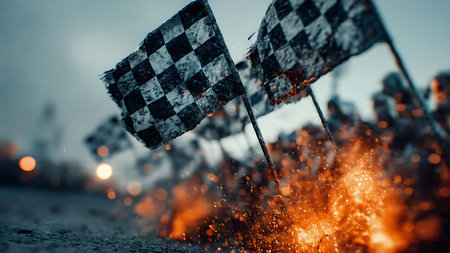 Checkered flag on the background of a burning campfire.の写真素材
