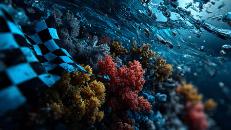 Checkered flag and corals in blue water. 3D renderingの写真素材
