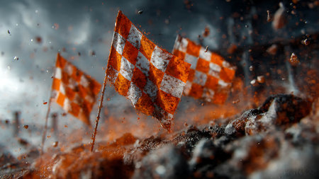 Waving Checkered flag against the background of a burning road. Conceptual 3D renderingの写真素材