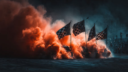 Conceptual image of burning race flag. 3D Renderingの写真素材