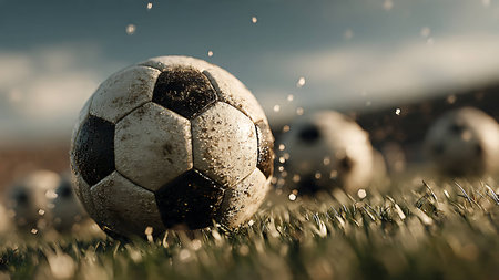 Soccer ball on the grass with drops of water in the backgroundの写真素材