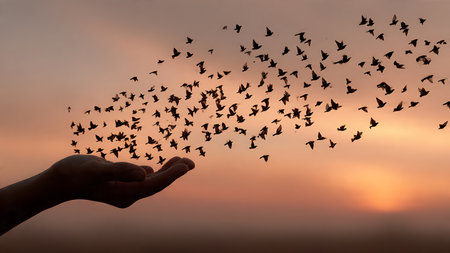 Silhouette of a hand holding a flock of birds at sunsetの写真素材