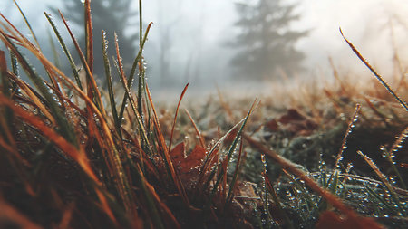 Foggy morning in the autumn forest. The first frost on the grass.の写真素材