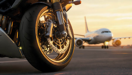 Motorcycle on the runway of the airport in the rays of the setting sunの写真素材