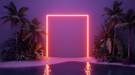 3d render of neon lights in the night with palms and poolの写真素材