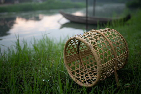 Wicker basket on the grass beside the river in the morning.の写真素材