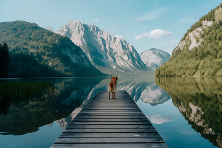 Dog on a pier on a lake with mountains in the background.の写真素材