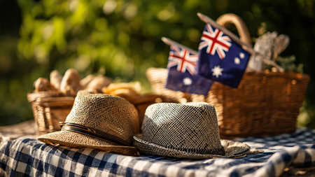 Picnic basket with straw hat and Australian flag in the background.の写真素材