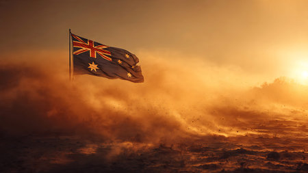Australia flag waving in the sky with clouds at sunset. 3D Renderingの写真素材