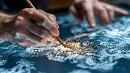 A person skillfully painting with a brush on a textured surfaceの写真素材