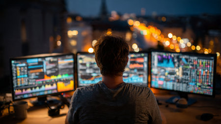 A man sitting in front of multiple computer monitors at nightの写真素材