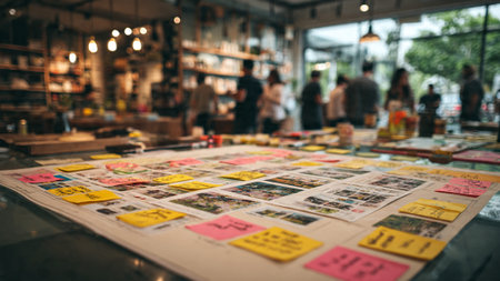 A large table with a vision board covered in sticky notes and photos in a modern coffee shop with people in the backgroundの写真素材