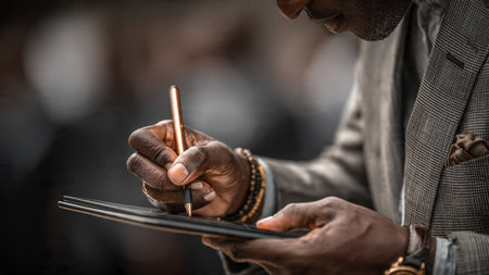 A man in a suit jacket writing on a tablet with a penの写真素材