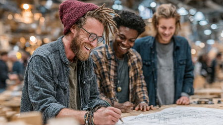 Three men in a workshop looking at a blueprint and smilingの写真素材