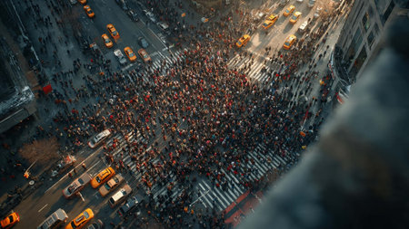 A large crowd of people gathered in a busy city street at duskの写真素材