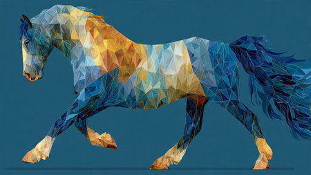 A colorful geometric horse in motion on a blue backgroundの写真素材