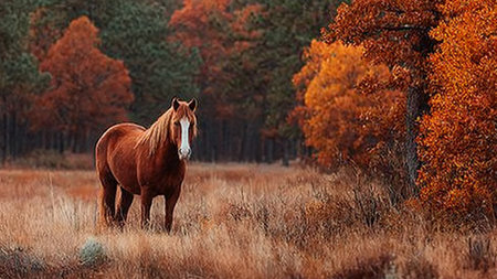 A brown horse stands in a field of dry grass surrounded by trees with vibrant autumn foliage.の写真素材