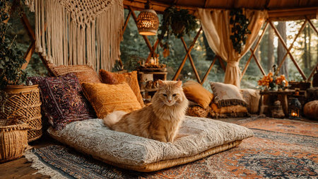 A serene orange cat lounges on a plush cushion in a cozy bohemian room with natural lightの写真素材