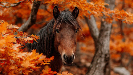 A brown horse stands amidst vibrant orange autumn foliage in a serene natural setting.の写真素材