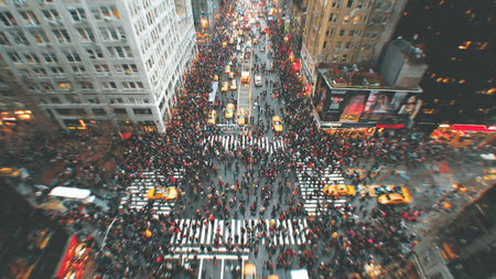 Aerial view of a crowded city street at night with tall buildingsの写真素材