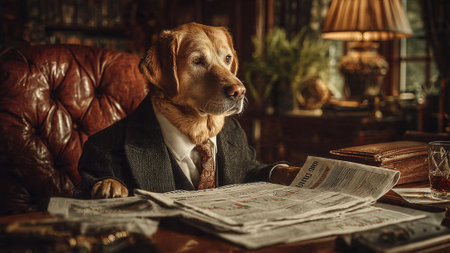 A dog in a suit sitting at a desk reading newspapersの写真素材