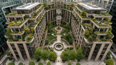 Aerial view of a modern green building in an urban cityscapeの写真素材