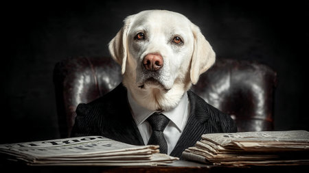 A dog in a suit and tie sitting at a desk with newspapersの写真素材