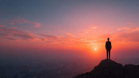 A man stands on a mountain peak watching a vibrant sunsetの写真素材
