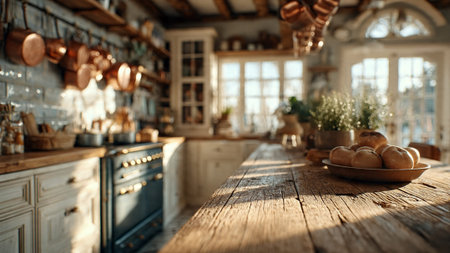 A warm and inviting kitchen with a rustic wooden table and modern appliancesの写真素材