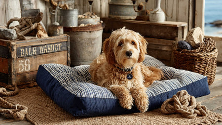 A dog lies comfortably on a striped dog bed in a rustic roomの写真素材